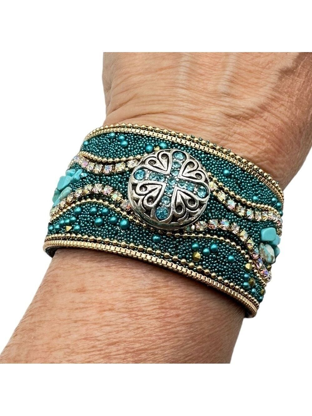 Western Turquoise & Gold Boho Cuff Bracelet & Blue Cross 18mm Ginger Snap NWT